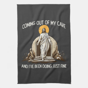Easter Coming Out My Cave Jesus Tea Towel