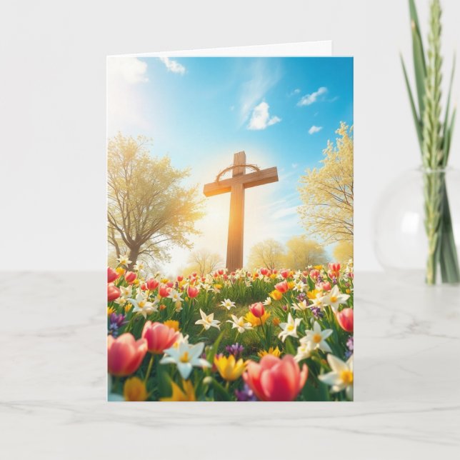 Easter Cross and Flowers Holiday Card (Front)