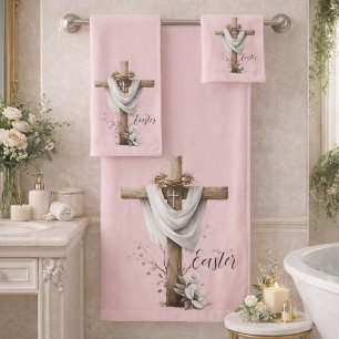 Easter Cross and White Floral Towel Set