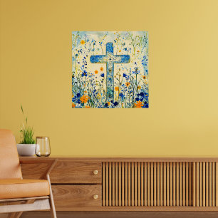 Easter cross by field of flowers poster