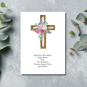 Easter Cross Pink Floral Religious Christian Holiday Card