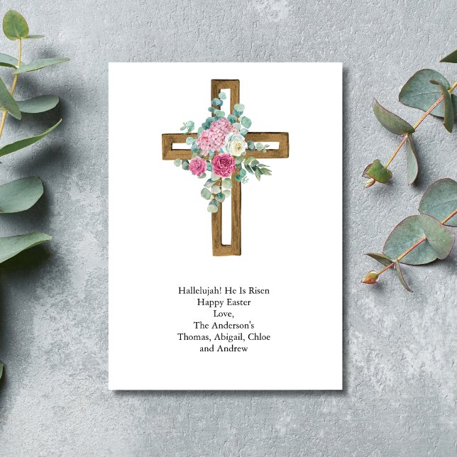 Easter Cross Pink Floral Religious Christian Holiday Card (Wooden Cross Pink floral Eucalyptus Watercolor Easter Card)