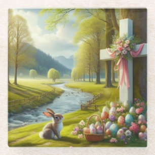 Easter cross with bunny & eggs glass coaster
