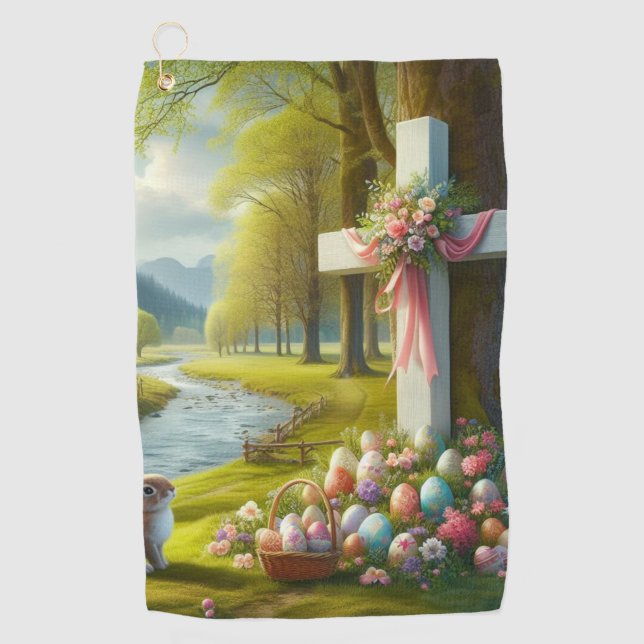 Easter cross with bunny & eggs golf towel (Front)
