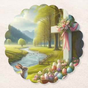 Easter cross with bunny & eggs paper coaster