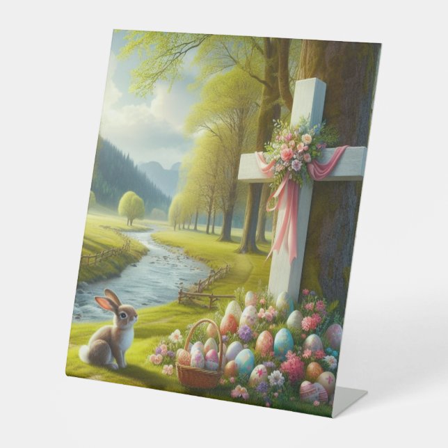 Easter cross with bunny & eggs pedestal sign (Front)