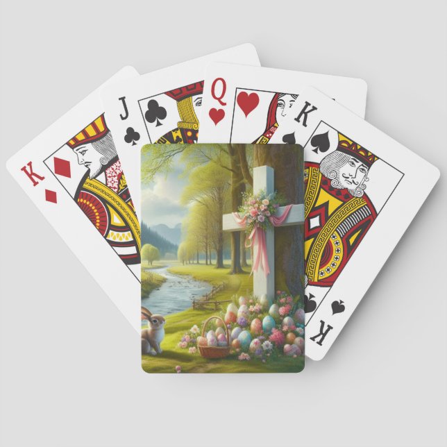Easter cross with bunny & eggs playing cards (Back)