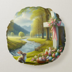 Easter cross with bunny & eggs round cushion