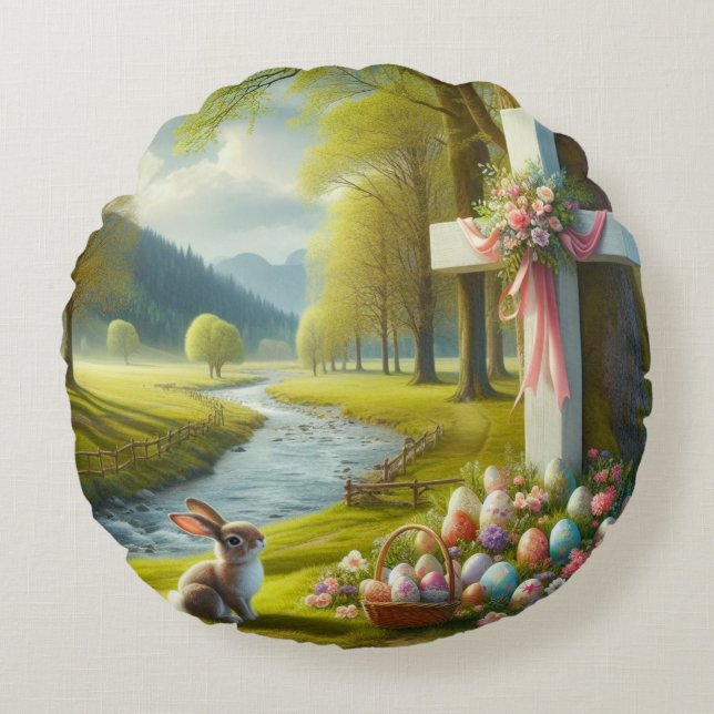 Easter cross with bunny & eggs round cushion (Front)