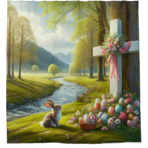 Easter cross with bunny & eggs shower curtain