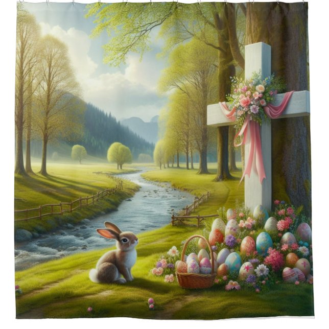 Easter cross with bunny & eggs shower curtain (Front)