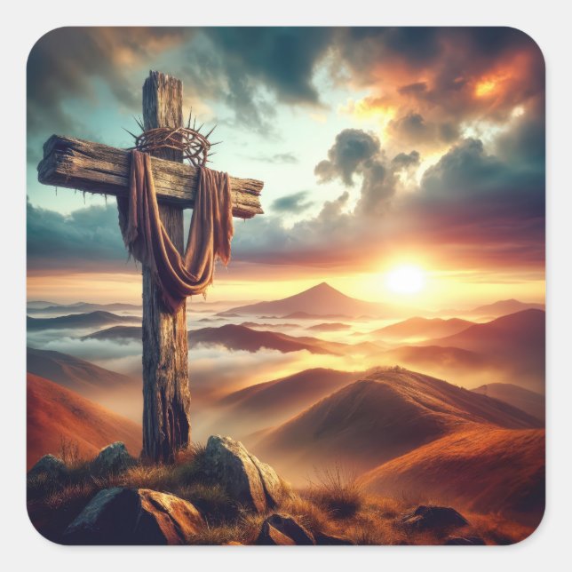 Easter Cross With Crown of Thorns Square Sticker (Front)
