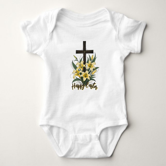 Easter Cross with Lilies - Happy Easter Baby Bodysuit (Front)