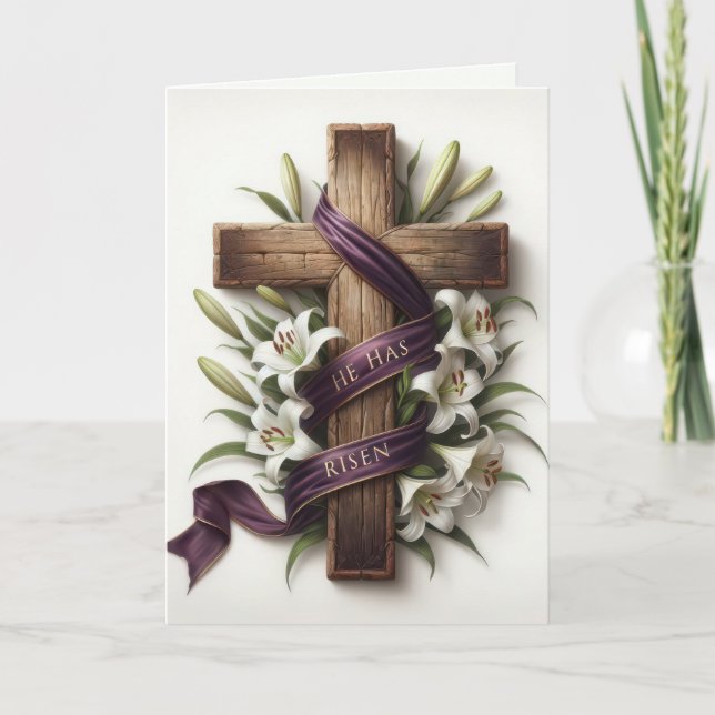 Easter Cross With Purple Ribbon Holiday Card (Front)