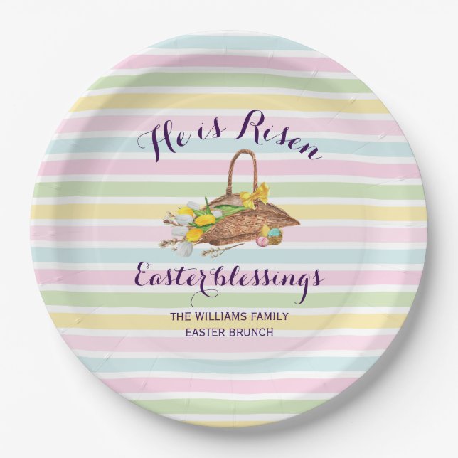 Easter Custom Stripes Modern Floral Garden Easter  Paper Plate (Front)