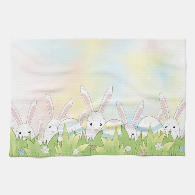 Easter cute bunny and eggs tea towel (Horizontal)
