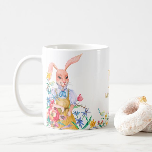 Easter Cute Bunny Rabbit Spring Flowers Monogram Coffee Mug (With Donut)