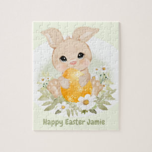 Easter Cute Bunny Yellow Egg Personalised Name Jigsaw Puzzle