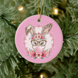 Easter Cute Floral Bunny Leopard Gift  Ceramic Ornament