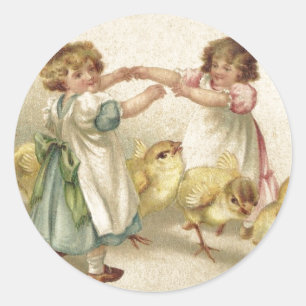 Easter- Cute Girls with Chicks-Vintage Postcard Classic Round Sticker