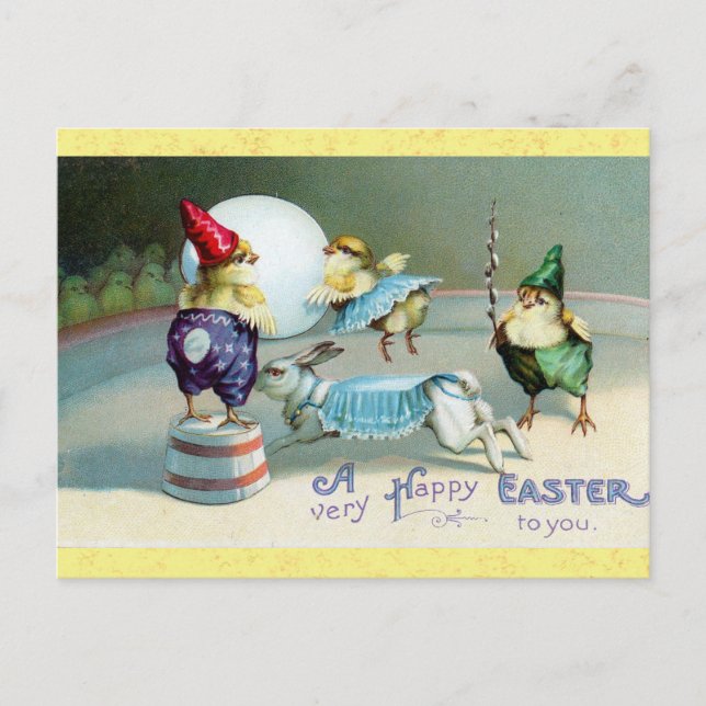 Easter Cute Vintage Chicks Rabbit Circus Postcard (Front)