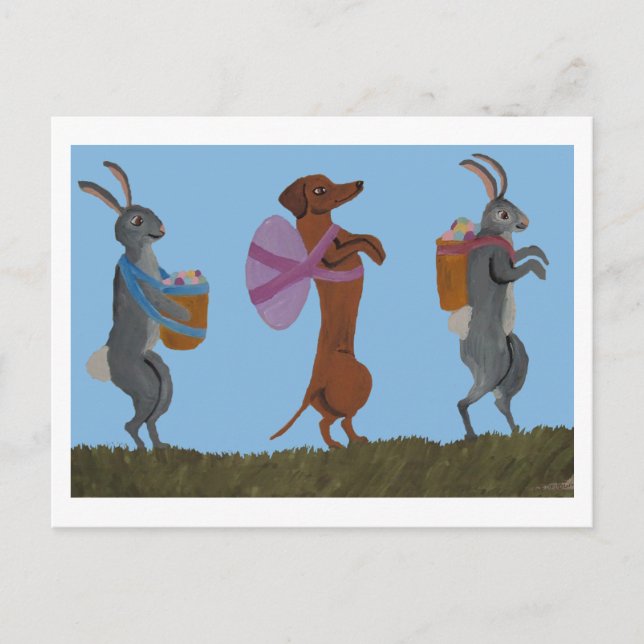  Easter Dachshund and bunnies marching Holiday Postcard (Front)