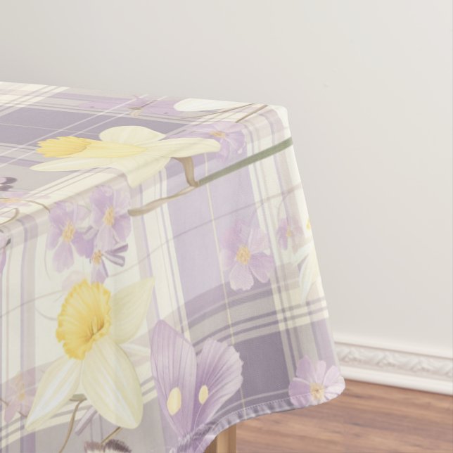 Easter Daffodil Flower Violet Plaid Pattern Tablecloth (In Situ)