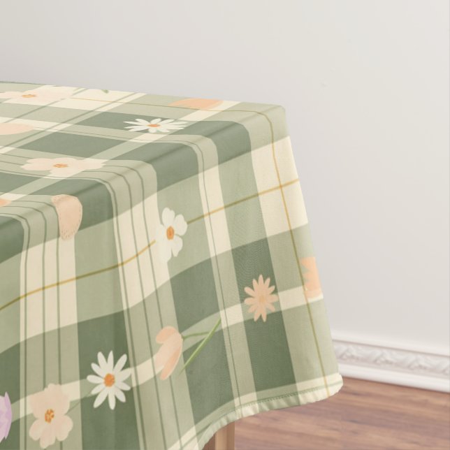 Easter Daisy Tulip Green Plaid Pattern Tablecloth (In Situ)