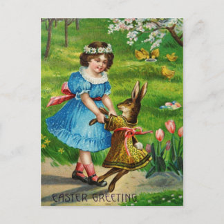 Easter Dance Victorian Dressed Bunny & Girl Holiday Postcard