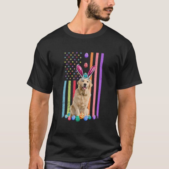 Easter Day American Eggs Flag Golden Retriever Dog T-Shirt (Front)
