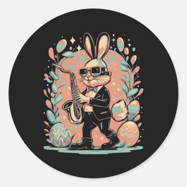 Easter Day Bunny Jazz Saxophone  Classic Round Sticker (Front)