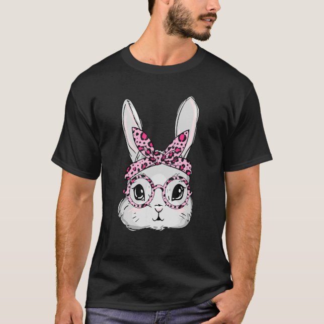 Easter Day Cute Bunny Face Sunglasses Leopard Head T-Shirt (Front)