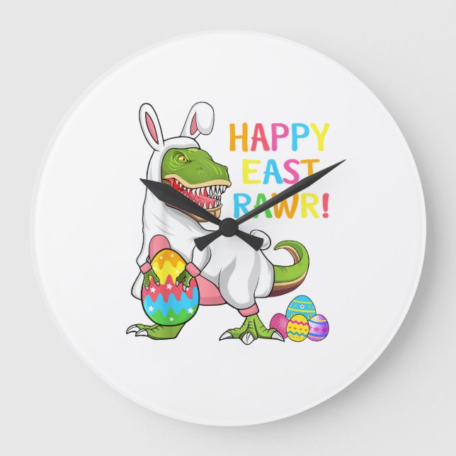 Easter Day Dinosaur Funny Happy Eastrawr T Rex Eas Large Clock (Front)