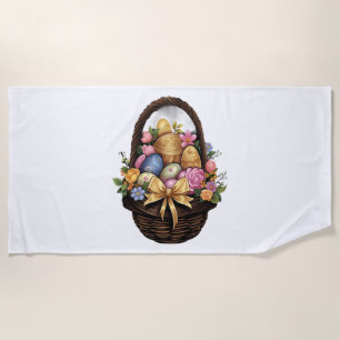 Easter Day Easter Basket Colourful Eggs Flowers Beach Towel