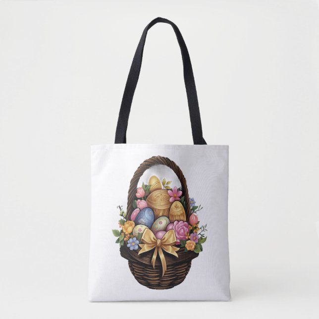 Easter Day Easter Basket Colourful Eggs Flowers  Tote Bag (Front)