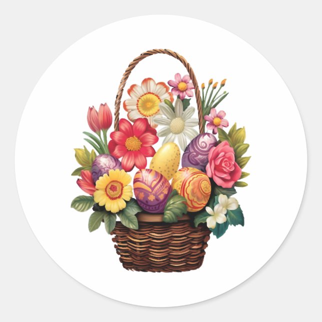 Easter Day Easter Egg Basket Spring Flowers  Classic Round Sticker (Front)