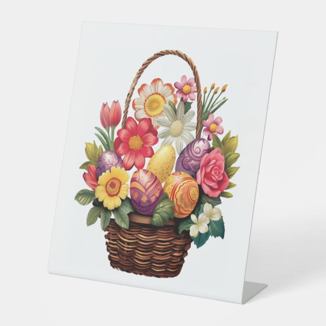 Easter Day Easter Egg Basket Spring Flowers  Pedestal Sign (Front)