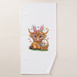 Easter Day Highland Cow Cute Easter Bunny Farmer W Bath Towel