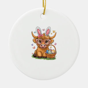 Easter Day Highland Cow Cute Easter Bunny Farmer W Ceramic Ornament
