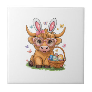 Easter Day Highland Cow Cute Easter Bunny Farmer W Ceramic Tile