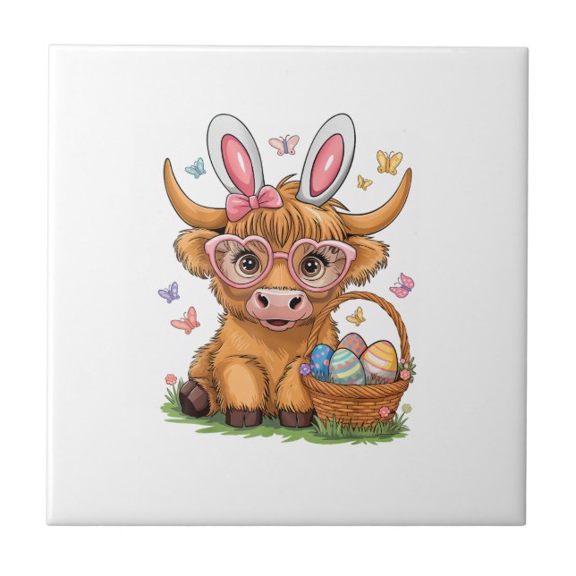 Easter Day Highland Cow Cute Easter Bunny Farmer W Ceramic Tile (Front)