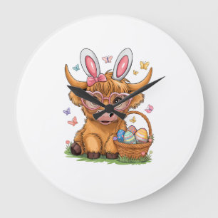 Easter Day Highland Cow Cute Easter Bunny Farmer W Large Clock