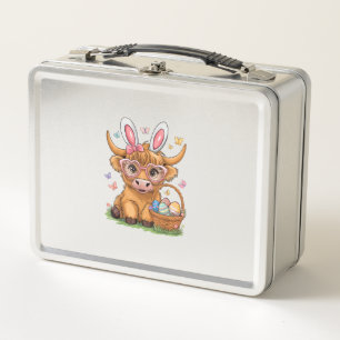 Easter Day Highland Cow Cute Easter Bunny Farmer W Metal Lunch Box