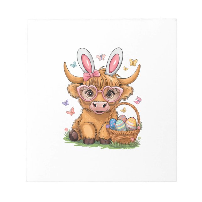 Easter Day Highland Cow Cute Easter Bunny Farmer W Notepad (Front)