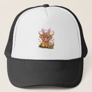 Easter Day Highland Cow Cute Easter Bunny Farmer W Trucker Hat