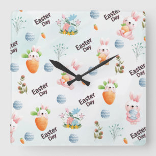 Easter Day Rabbits Pattern Square Wall Clock