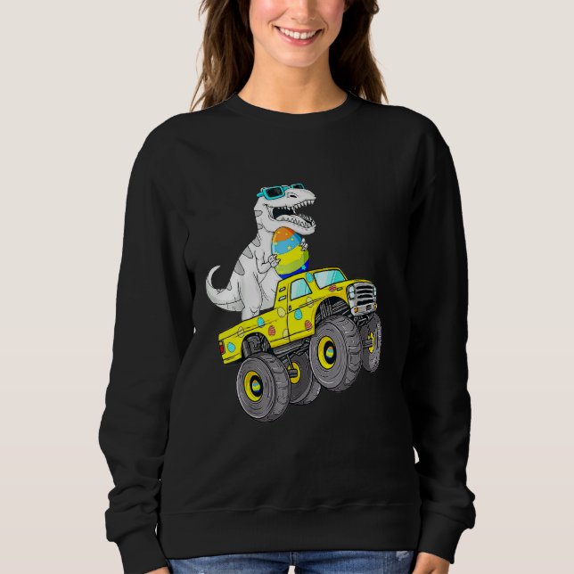 Easter Day T Rex Dino Riding A Monster Truck Boys  Sweatshirt (Front)