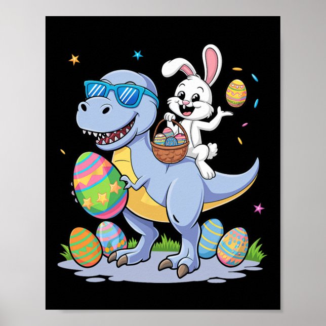 Easter Dinosaur T-rex And Bunny Holding Colourful  Poster (Front)