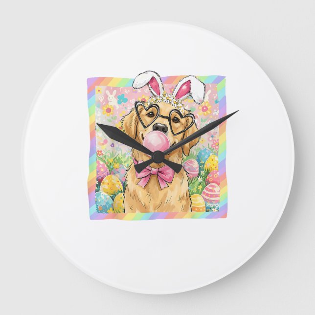 Easter Dog Bunny Ear Funny Golden Retriever Easter Large Clock (Front)