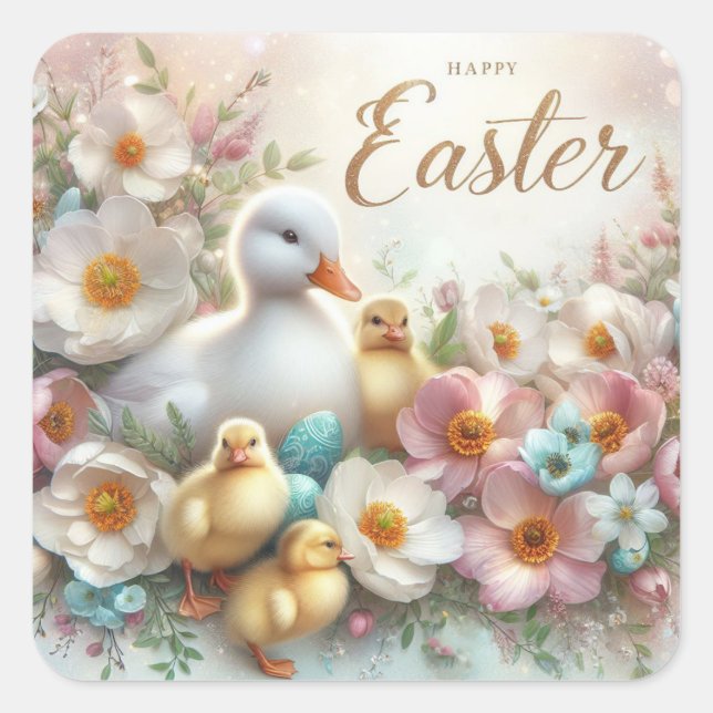 Easter Duck, Ducklings and Flowers Envelope Seal  (Front)